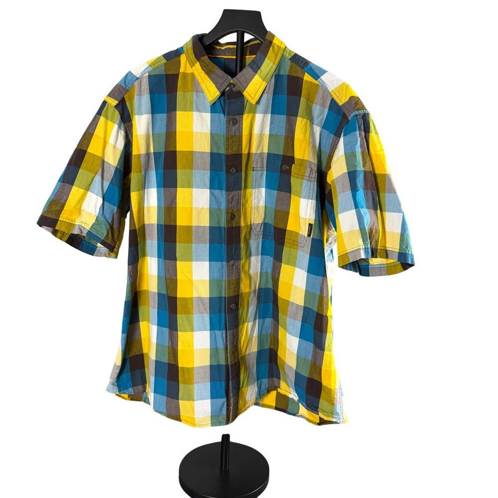Orvis Mens XL Short Sleeve Plaid Button Down Shirt Yellow Blue Check Casual